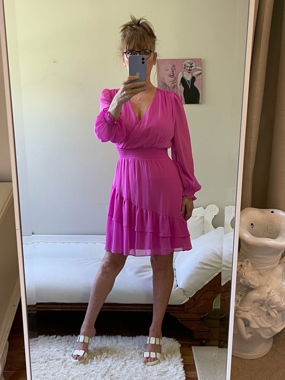 NWT DKNY PINK SHEER SMOCKED LONG SLEEVE DRESS FAUX WRAP LINED FLOUNCED ZIPPER